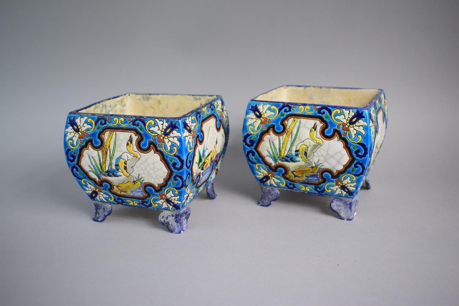 A Pair of French Longwy Faience Vases of Squat Square Form on Four Scrolled Bracket Feet. Usual - Image 2 of 7