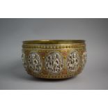 A Good Indian Mixed Metal Bowl in Brass and Silver, Oval Studding and Silver Oval Cartouches in
