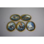 A Set of Five Gilt Framed Late 19th/Early 20th Century Ivory Oval Miniatures depicting Ostrich,