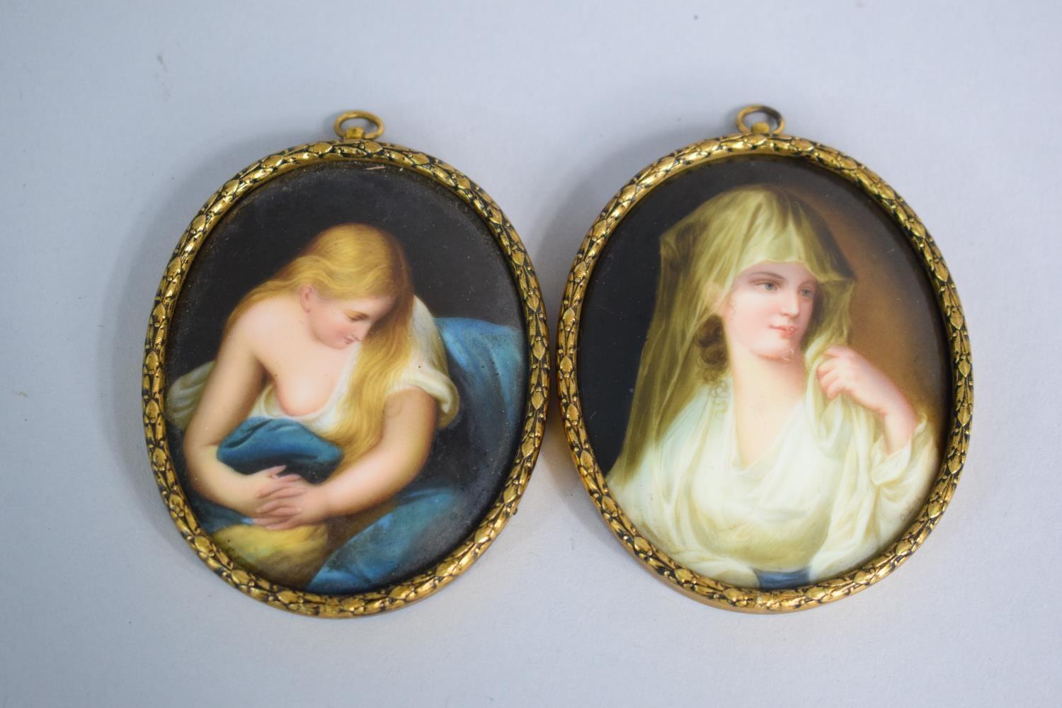 A Pair of 19th Century Framed Continental Oval Portrait Porcelain Miniatures. Magdalena After Batoni
