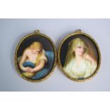 A Pair of 19th Century Framed Continental Oval Portrait Porcelain Miniatures. Magdalena After Batoni