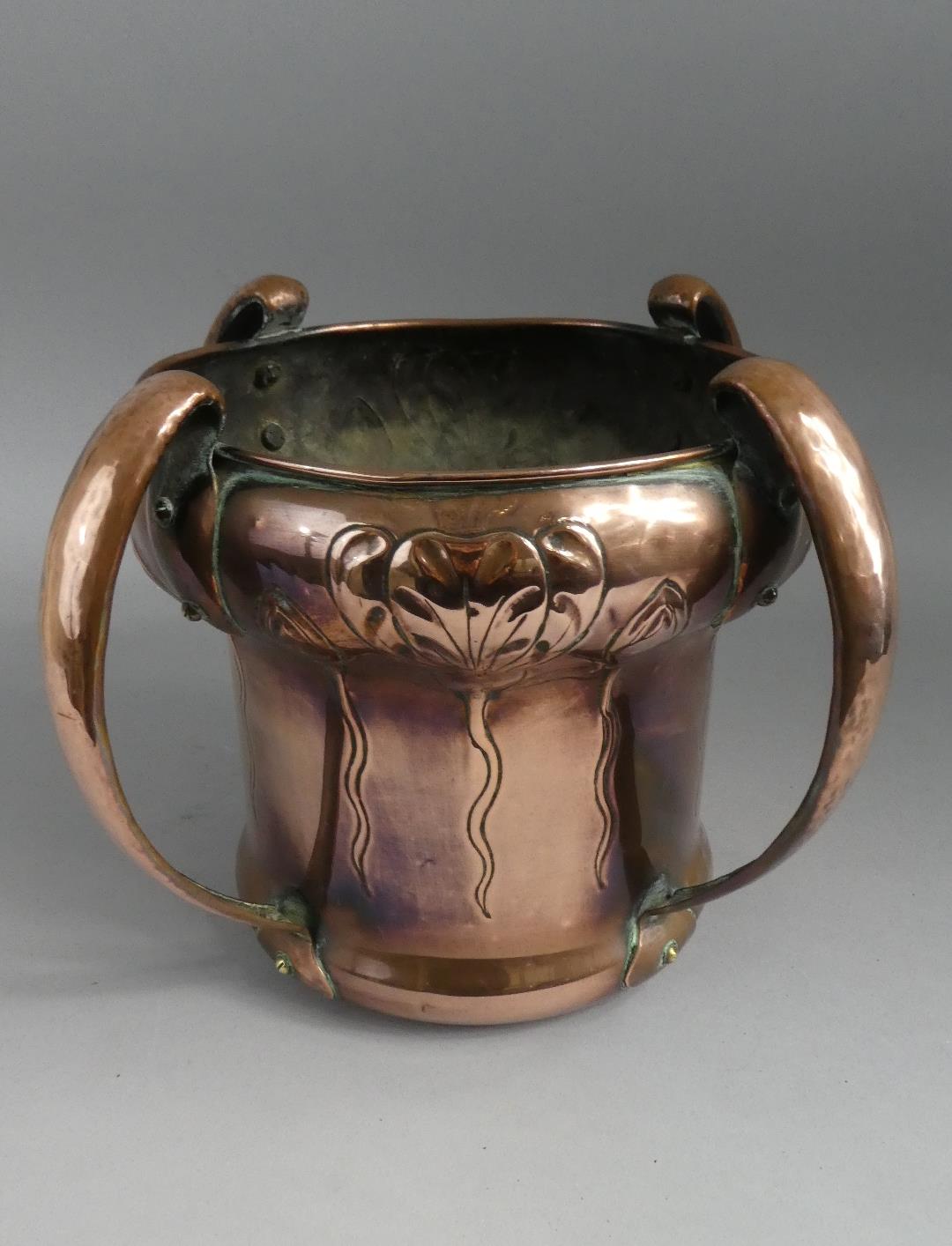 A William Soutter and Sons Arts and Crafts/Art Nouveau Hand Beaten Copper Planter with Four Stylised - Image 3 of 8