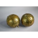 A Pair of 19th Century Pierced Brass Globular Candle Holders with Hinged Joint and Bird