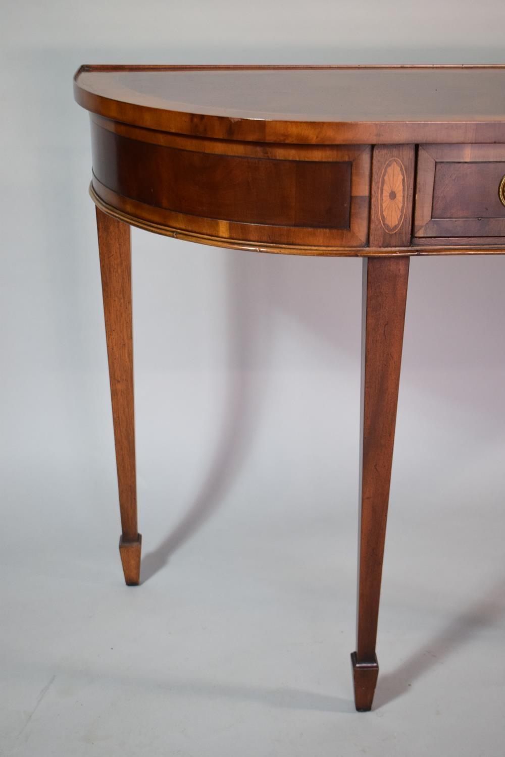 A Reproduction Inlaid Mahogany Bowfront Table set on Square Tapering Legs with Central Long - Image 3 of 5
