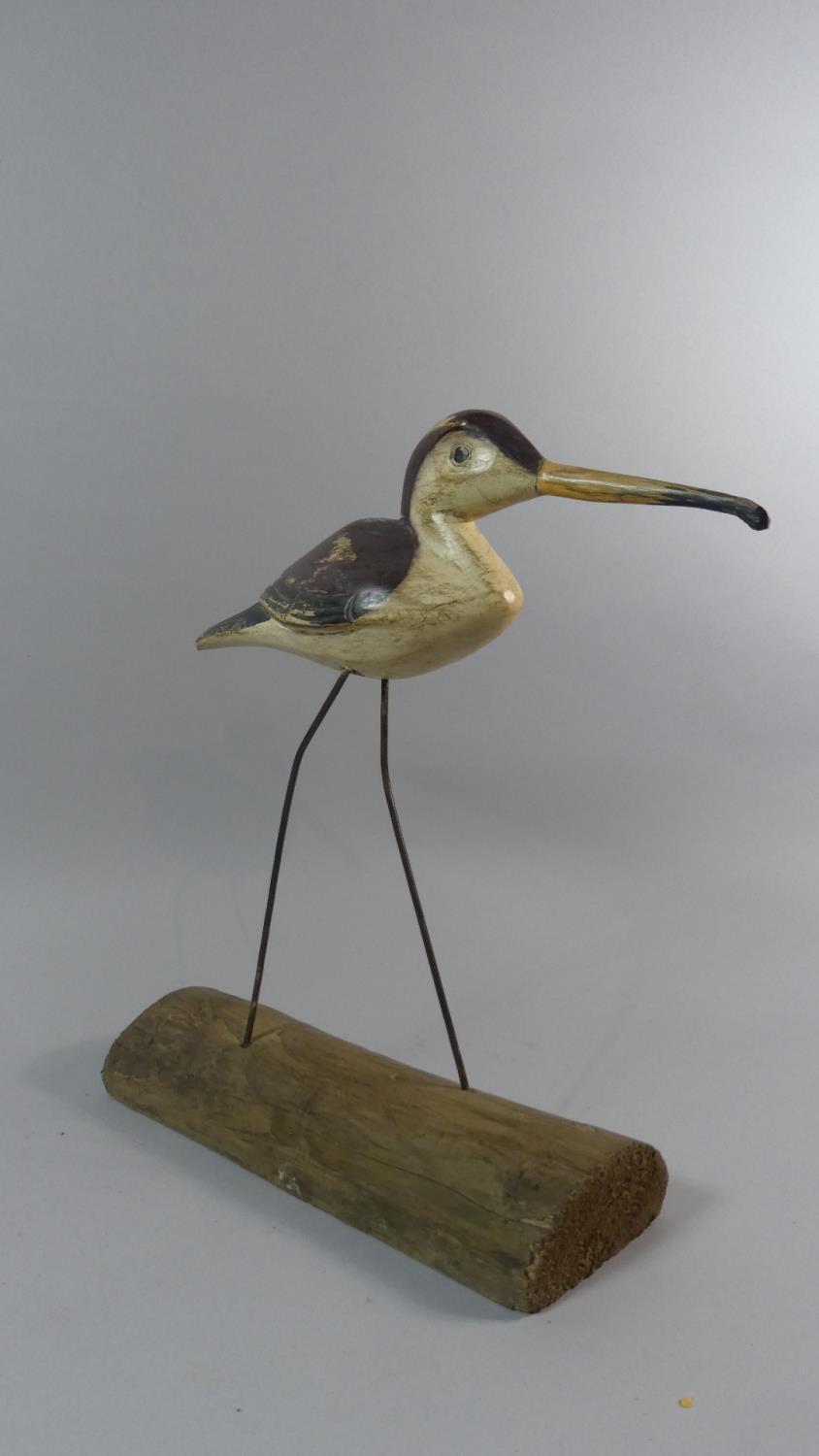 A Mid 20th Century Painted Wooden Folk Art Shore Bird Mounted on a Driftwood Base. 39cm High - Image 3 of 3