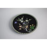 An Oriental Cloisonne Dish decorated with Blue Birds in Blossom Tree, 18.5cms Diameter