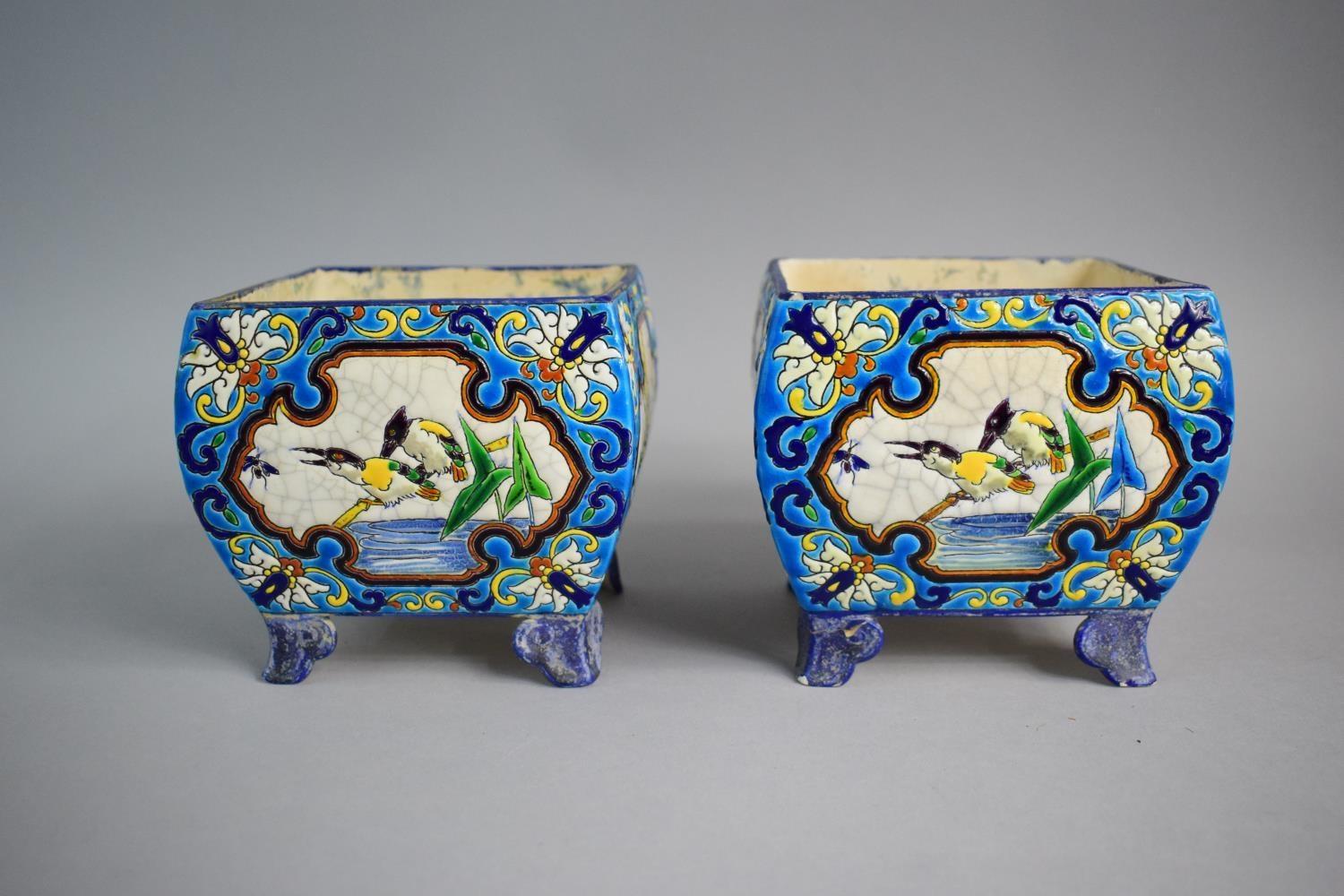 A Pair of French Longwy Faience Vases of Squat Square Form on Four Scrolled Bracket Feet. Usual - Image 4 of 7