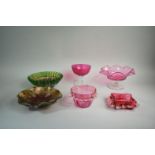 A Collection of Four Victorian Cranberry Glass Bowls and Two Carnival Glass Plates