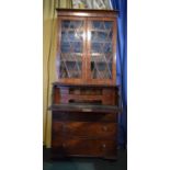 A Mahogany Secretaire Bookcase with Fitted Drawer. Having Glazed Top Four Shelf Book Case and