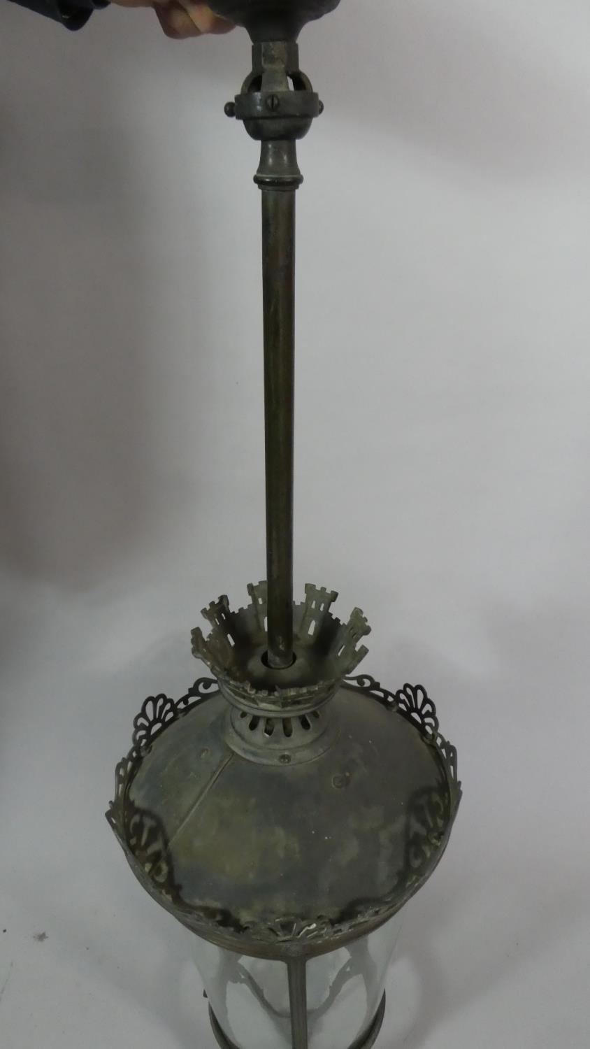 A Vintage Gothic Style Brass Hall Ceiling Lantern with Pierced Castellated Decoration, 115cm High - Image 2 of 2