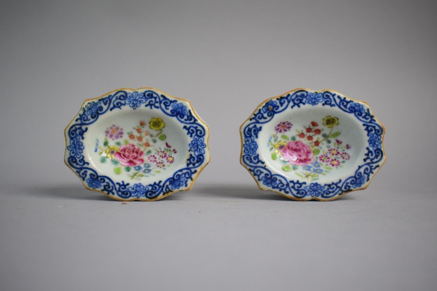 A Pair of Early Chinese Glazed Stoneware Salts decorated with Flowers and Blue and White Border. - Image 4 of 4