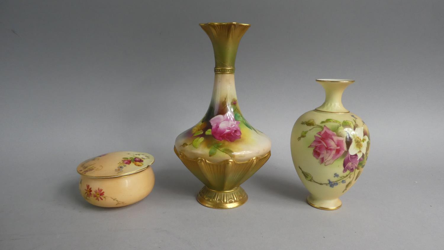 A Collection of Three Pieces of Royal Worcester to Include Blush Ivory Vase no. 302, Lidded Pot (Lid