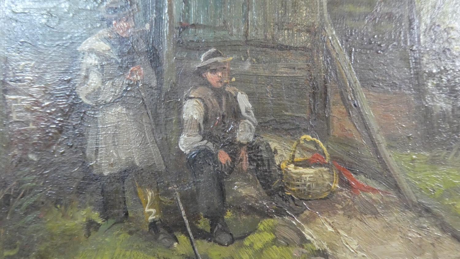 A 19th Century Naive School Oil Painting on Canvas of Two Resting Farm Workers in Front of a - Image 2 of 3