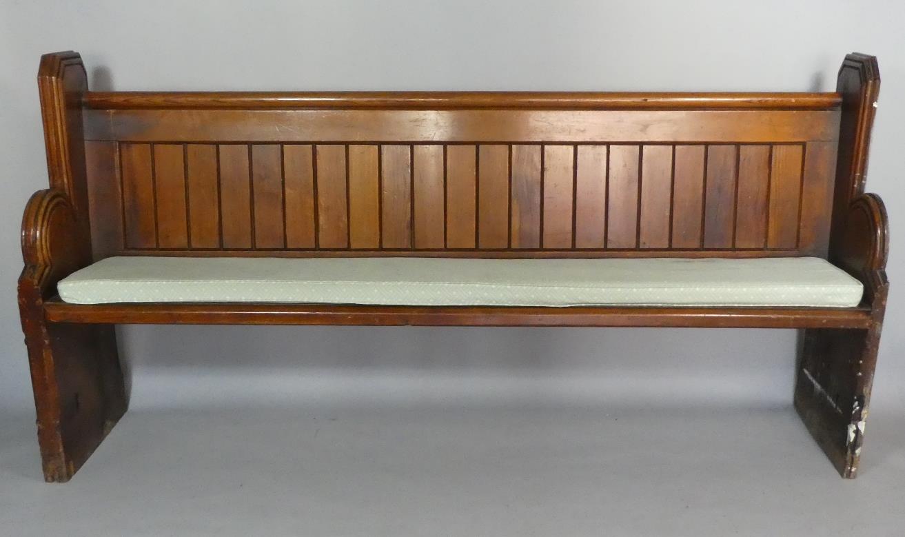 A Late Victorian Pitch Pine Pew with Foam Cushion Pad. 203cms Long