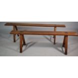 A Pair of Vintage French Fruit Wood Benches on 'A' Frame Supports. 161ms and 144cms Long