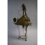 An Edwardian Brass Hall Lantern with Glass Shade, 57cms High