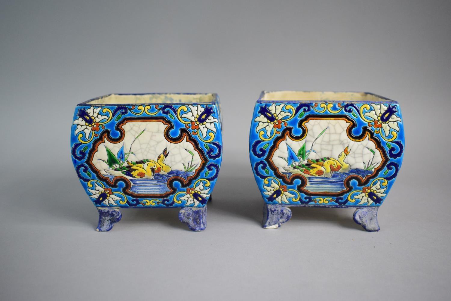 A Pair of French Longwy Faience Vases of Squat Square Form on Four Scrolled Bracket Feet. Usual - Image 6 of 7