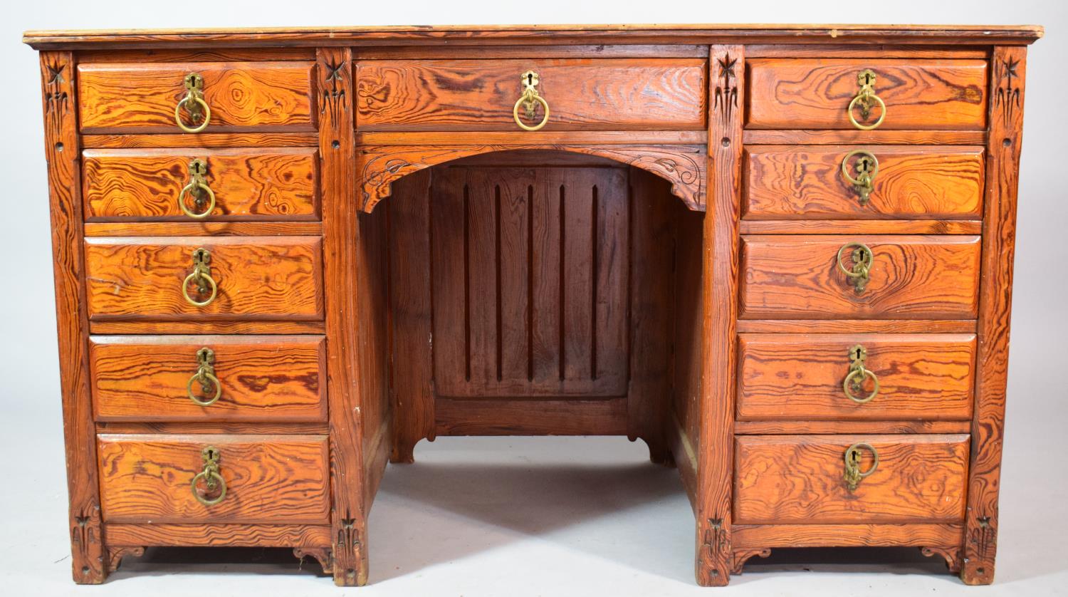 A Late 19th Century Pitch Pine Kneehole Desk with Two Banks of Five Drawers either side Centre