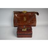 A Vintage Crocodile Skin Handbag and Travelling Jewellery Box Monogrammed C J