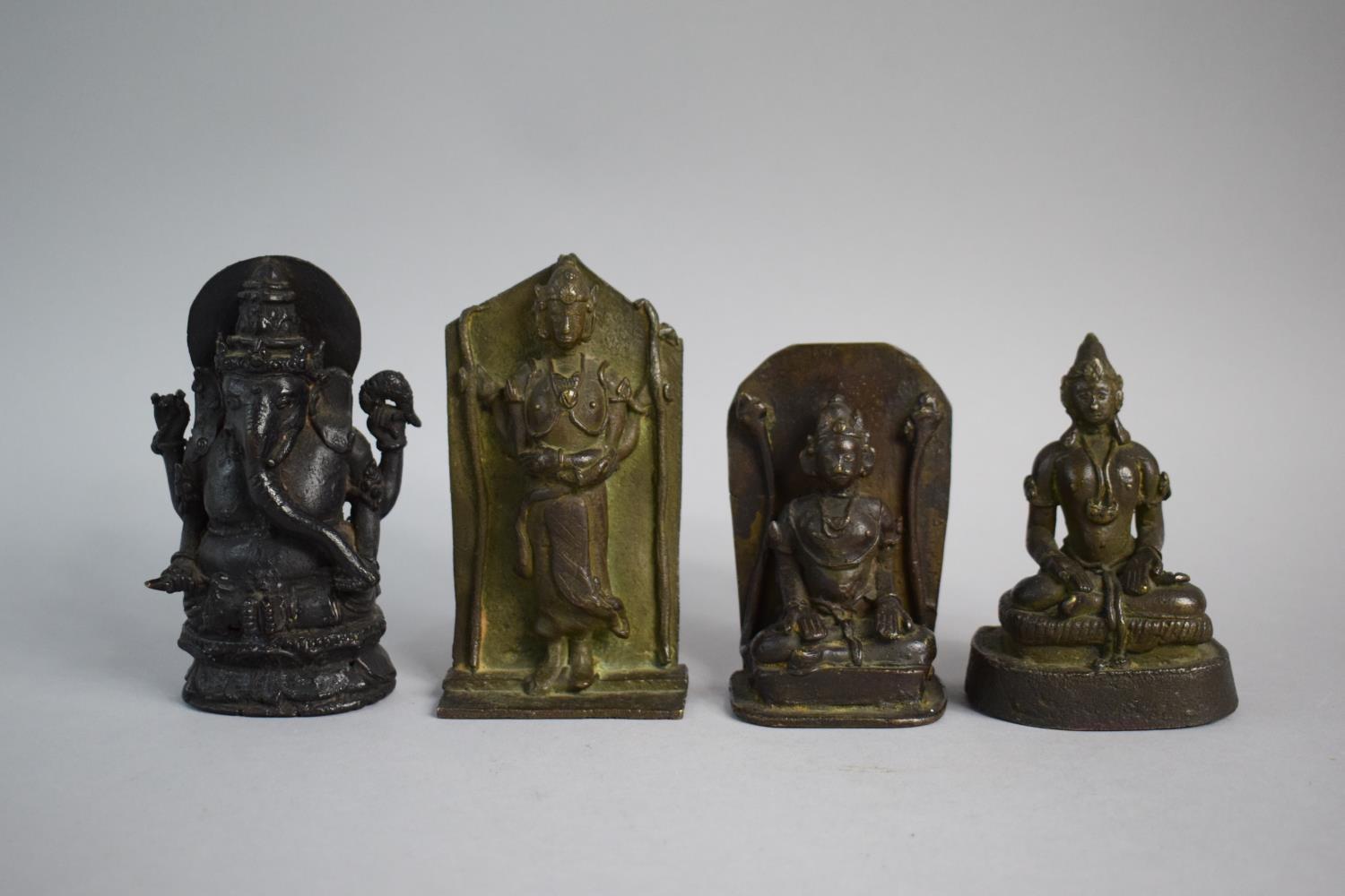 A Collection of Four Early Indian Bronze Shrine Figures to Include Ganesh, Buddha Etc. 13.25cms Wide