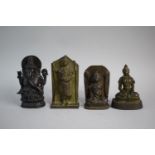 A Collection of Four Early Indian Bronze Shrine Figures to Include Ganesh, Buddha Etc. 13.25cms Wide