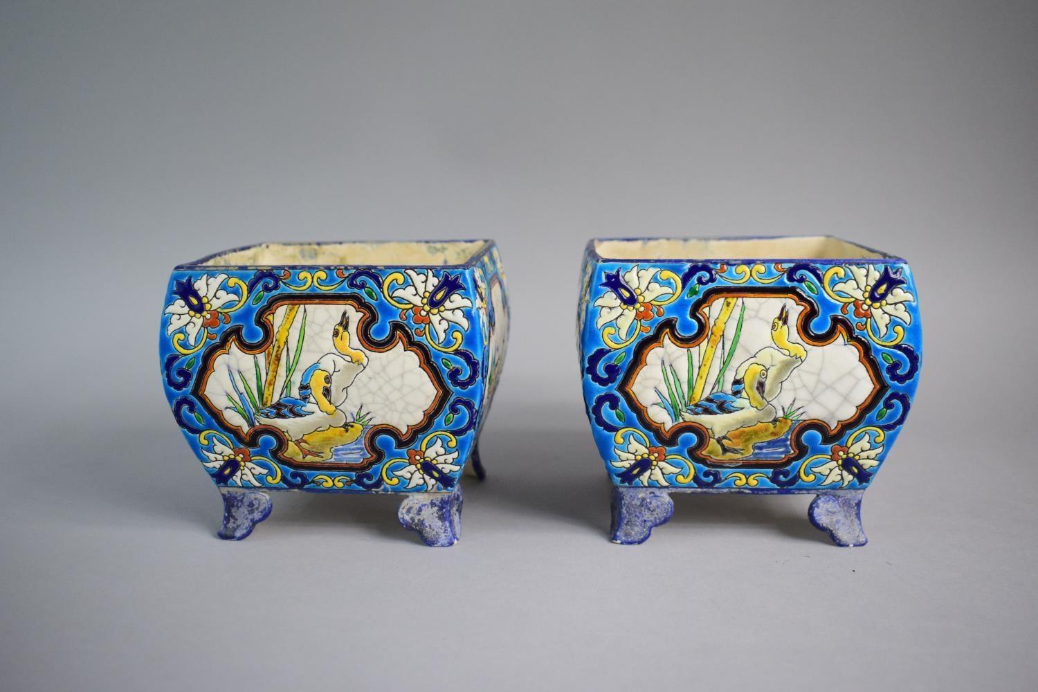 A Pair of French Longwy Faience Vases of Squat Square Form on Four Scrolled Bracket Feet. Usual - Image 5 of 7