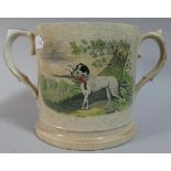 A 19th Century Two Handled Loving Mug with Transfer Decoration Depicting Sporting Dogs, 12.5cm High