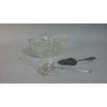 A Glass Bowl and Salad Servers Together with a White Metal Cake Slice Stamped Antiko 100