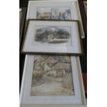 Two Framed Watercolors Depicting Village Street Scenes and a Print of Labourers Cottage