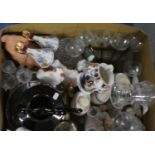 A Box of Ceramic and Glass to Include Aynsley, Wade Spirit Decanters, Staffordshire Dog Ornaments,