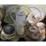 A Tray of Ceramics to Include Royal Albert Coffee Cans and Saucers, Cake Plates, Wedgwood Teapot,