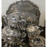 A Collection of Silver Plate to Include Galleried Oval Tray, Teapots, Coffee Pots, Jugs etc