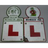 A Motor Schools Association of Great Britain Enamelled Car Mounting L Plate (Member 758) Together