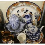 A Collection of Ceramics to Include Flow Blue Teapot, Stand and Cream Jug, Faience Candle Stick,