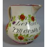 A 19th Century Sunderland Jug with Floral Inscription and inscribed Let Love Abide Till Death