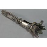 A French Silver Handled Carving Aid Bone Holder with Art Nouveau Decoration In Relief, 21cm Long