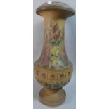 A Floral Decorated Turned Wooden Vase, Rim AF, 45cm high