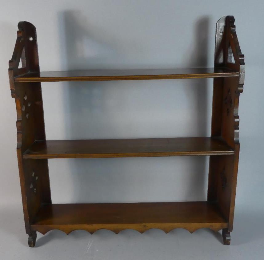 A Late Victorian Wall Mounting Three Tier Shelf Unit with Pierced Sides, 58cm Wide