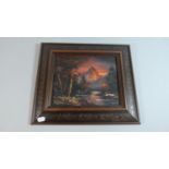 A Framed Oil on Board Depicting River, Mountain and Forest at Sunset, 23cm Wide