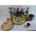 A Collection of Near and Far Eastern Metal Wares to Include Niello Vases, Arabic Wall Plaque,