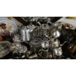 A Tray Containing Various Silver Plate Teapots, Toast Rack, Cruets Hot Water Jugs etc