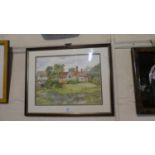 A Framed Water Colour Depicting Half Timbered House and Mill, 36cm Wide
