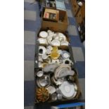 Four Boxes of Ceramics and Glassware to Include Tea and Coffee Wares, Storage Jars, Decorated