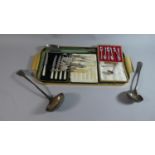 A Tray Containing Various Silver Plated Ladles and Serving Spoons, Boxed Cutlery Etc