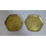 A Pair of Pressed Metal Hexagonal Dishes with Stork Decoration, 15cm Diameter