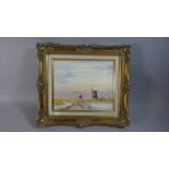 A Gilt Framed Oil on Canvas Depicting Winter Windmill Scene by James Allen, 29cm Wide