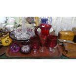 A Tray of Coloured Glassware to Include Hand Blown Ruby Glass, 19th Century Glass, Cranberry Wine