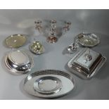 A Collection of Silver Plate to Include Two Entree Dishes, Three Branch Candelabra, Oval Gallery