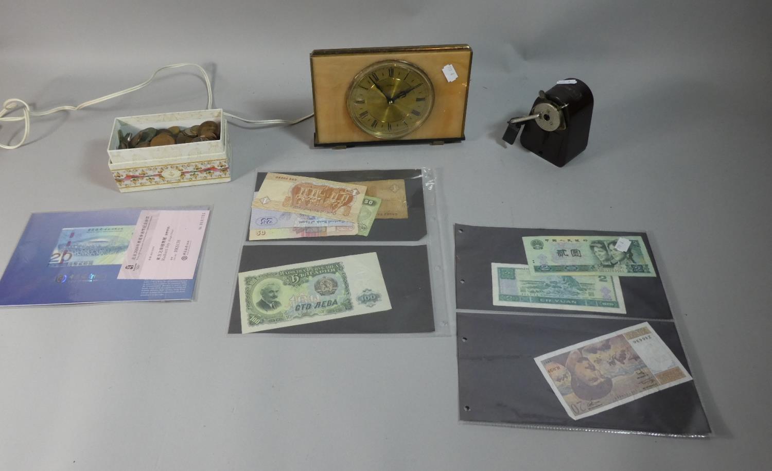 A Tray Containing Various Vintage Coins and Bank Notes, Metamec Mantle Clock, Bakelite Desktop