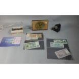 A Tray Containing Various Vintage Coins and Bank Notes, Metamec Mantle Clock, Bakelite Desktop